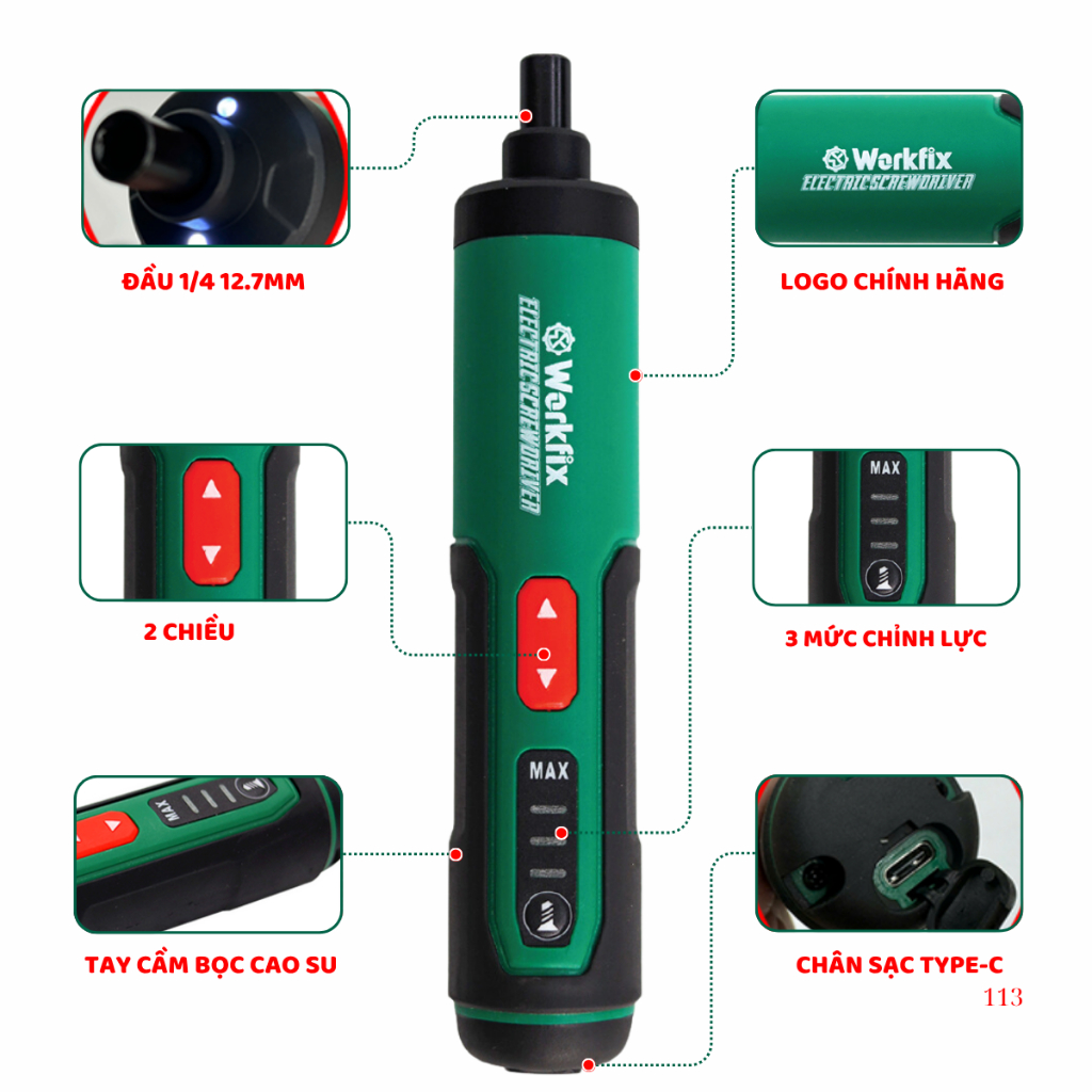 Máy Vặn Ốc Vít Điện Workfix WF-SD0405 | 4.0V, 350rpm, Đầu Vít 6.35mm, Tặng Hộp Phụ Kiện