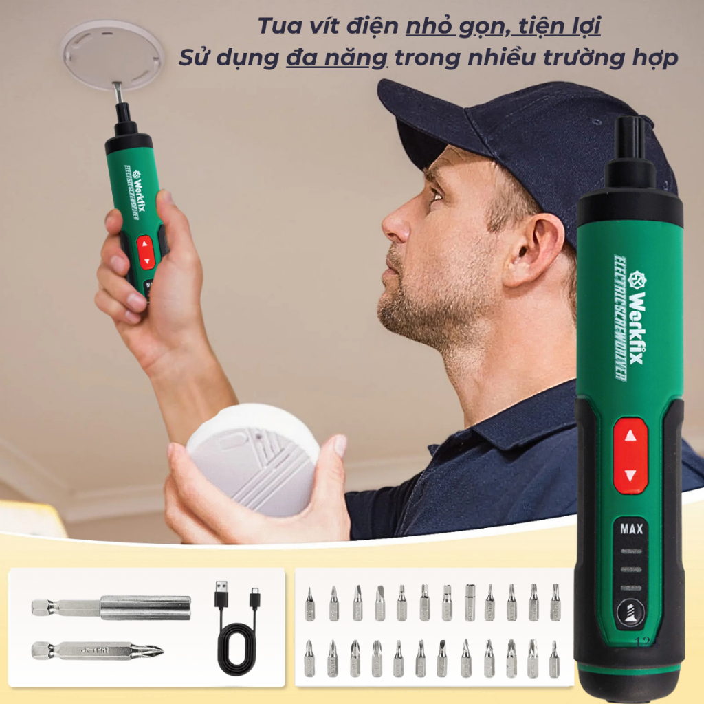 Máy Vặn Ốc Vít Điện Workfix WF-SD0405 | 4.0V, 350rpm, Đầu Vít 6.35mm, Tặng Hộp Phụ Kiện