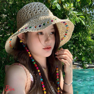 Mũ rơm cực xinh đan lưới siêu mát,dây hạt gỗ siêu nổi bật