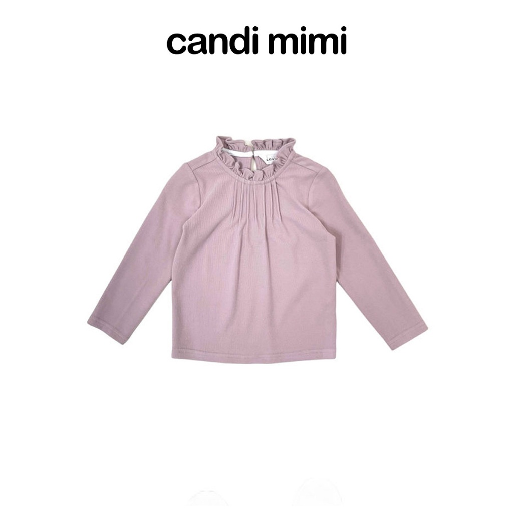 CANDI MIMI Áo dài tay trơn ngực nhúm cổ viền - Phong cách Hàn Quốc