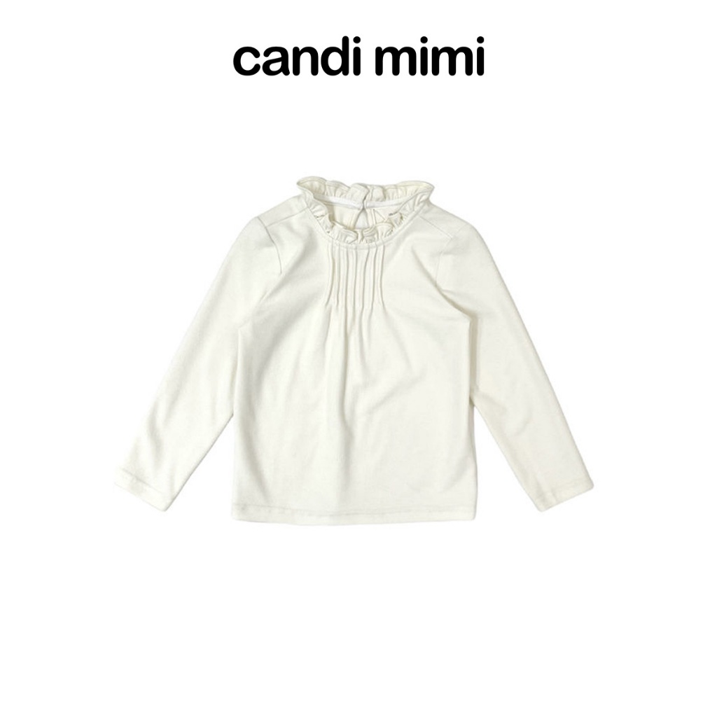 CANDI MIMI Áo dài tay trơn ngực nhúm cổ viền - Phong cách Hàn Quốc