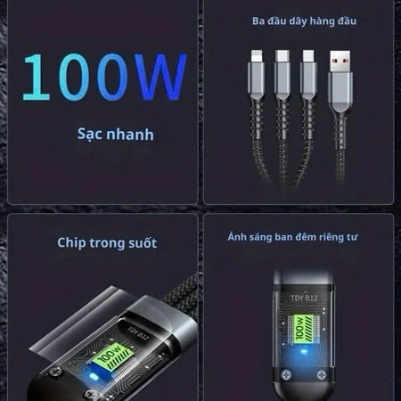 Dây Sạc Tự Ngắt Bọc Dù 100W Tích Hợp 3 Cổng Micro Usb Type C [ HÀNG TỐT ] TRIAN-TECH bảo hành 12 tháng