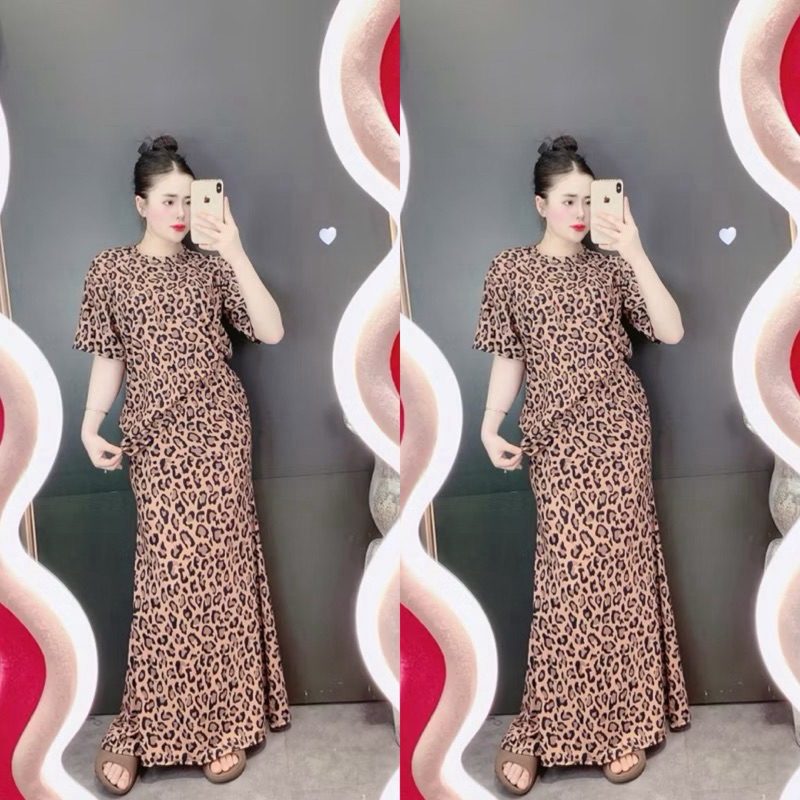 L091- sét váy đuôi cá họa tiếc beo, form suông rộng phối váy đuôi cá dáng dài (40-60kg)