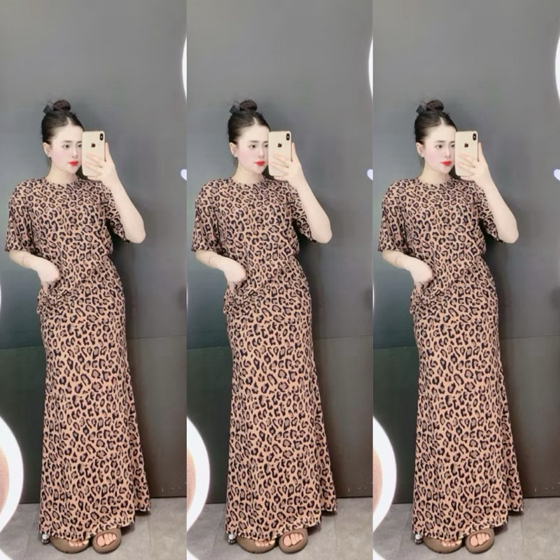 L091- sét váy đuôi cá họa tiếc beo, form suông rộng phối váy đuôi cá dáng dài (40-60kg)