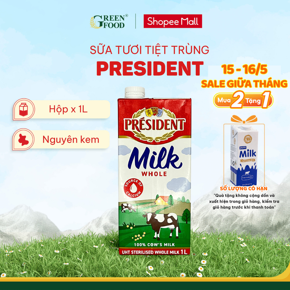 Ảnh Sữa Tươi Tiệt Trùng President Nguyên Kem Không Đường 1L - Độ Béo 3.6% Nhập khẩu Pháp 1