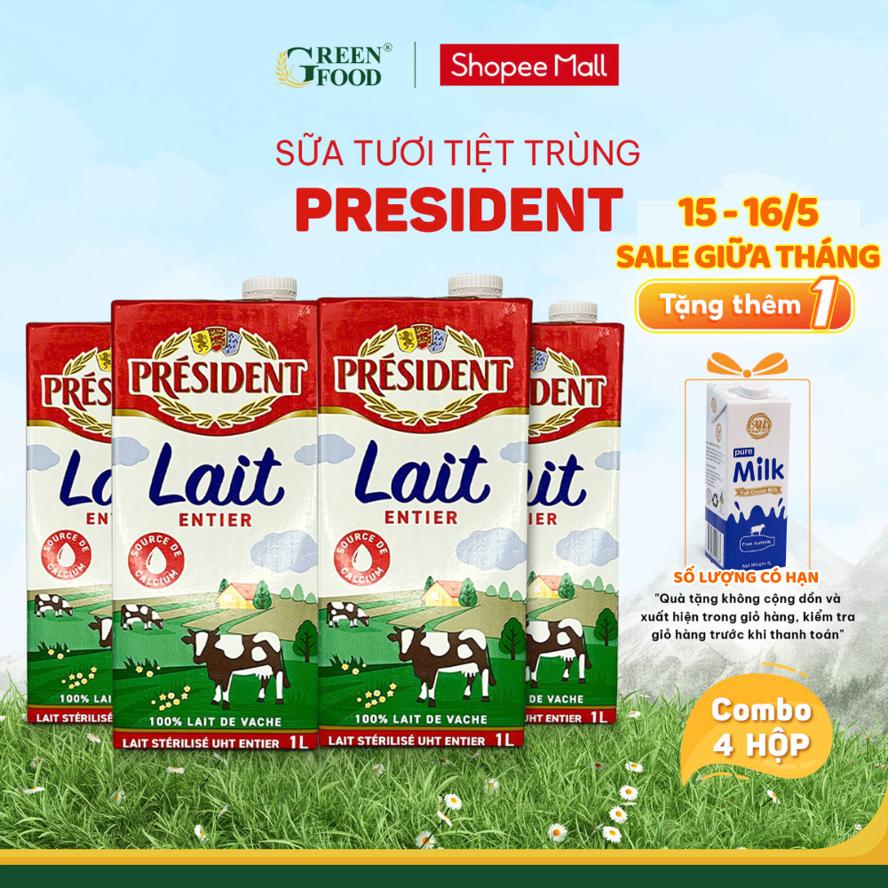 Ảnh Combo 4 Hộp Sữa Tươi Tiệt Trùng President Nguyên Kem 1L - Độ Béo 3.6%, Không Đường, chính hãng Pháp 1