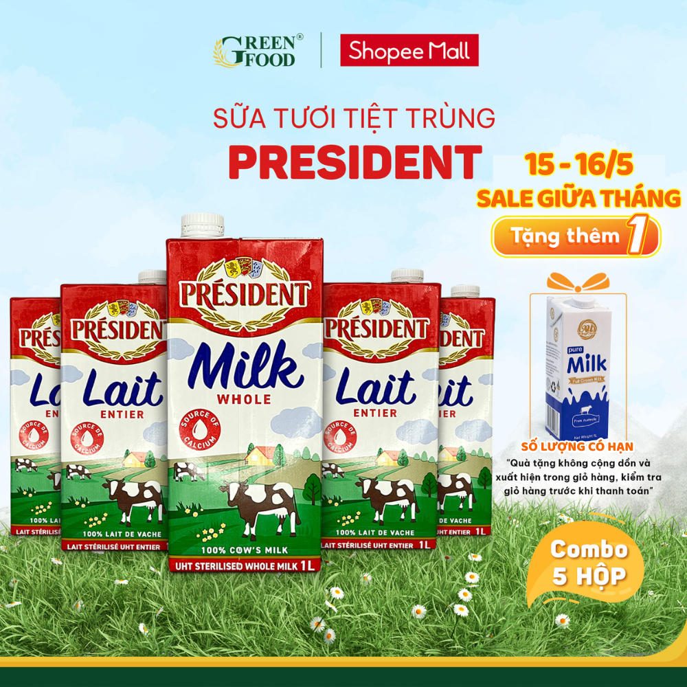 Ảnh Combo 5 Hộp Sữa Tươi Tiệt Trùng President Nguyên Kem 1L Không Đường- Độ Béo 3.6% nhập khẩu P 1