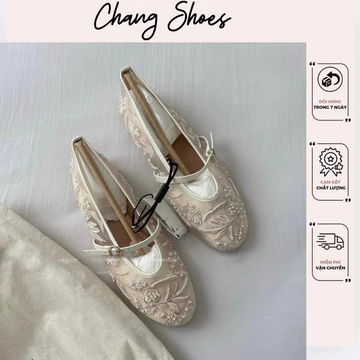 Giày búp bê nữ Z.RR lưới thêu ren hoa đính ngọc trắng kem đế bệt 1cm bộ sưu tập giày búp bê mới 2025 𝟯𝟲𝟴𝟴