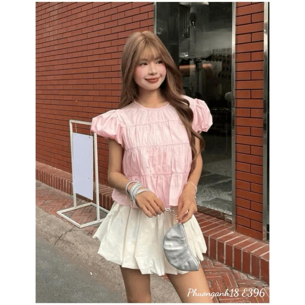 [Deal mở bán] Áo Babydoll cổ tròn tay phồng nữ tính hàng QC E396