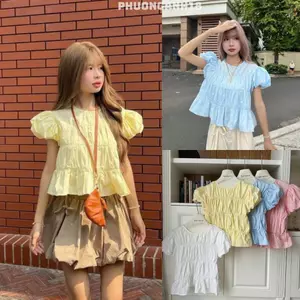 Áo Babydoll cổ tròn tay phồng nữ tính hàng QC E396