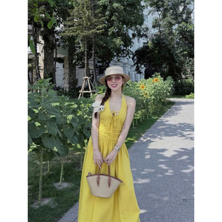 [V1.995] Váy Maxi Đũi Chun Lưng Cổ Yếm Buộc Nơ Dáng Dài Siêu Xinh