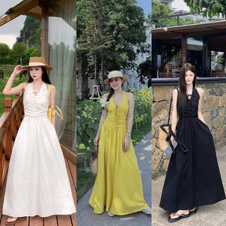 [V1.995] Váy Maxi Đũi Chun Lưng Cổ Yếm Buộc Nơ Dáng Dài Siêu Xinh