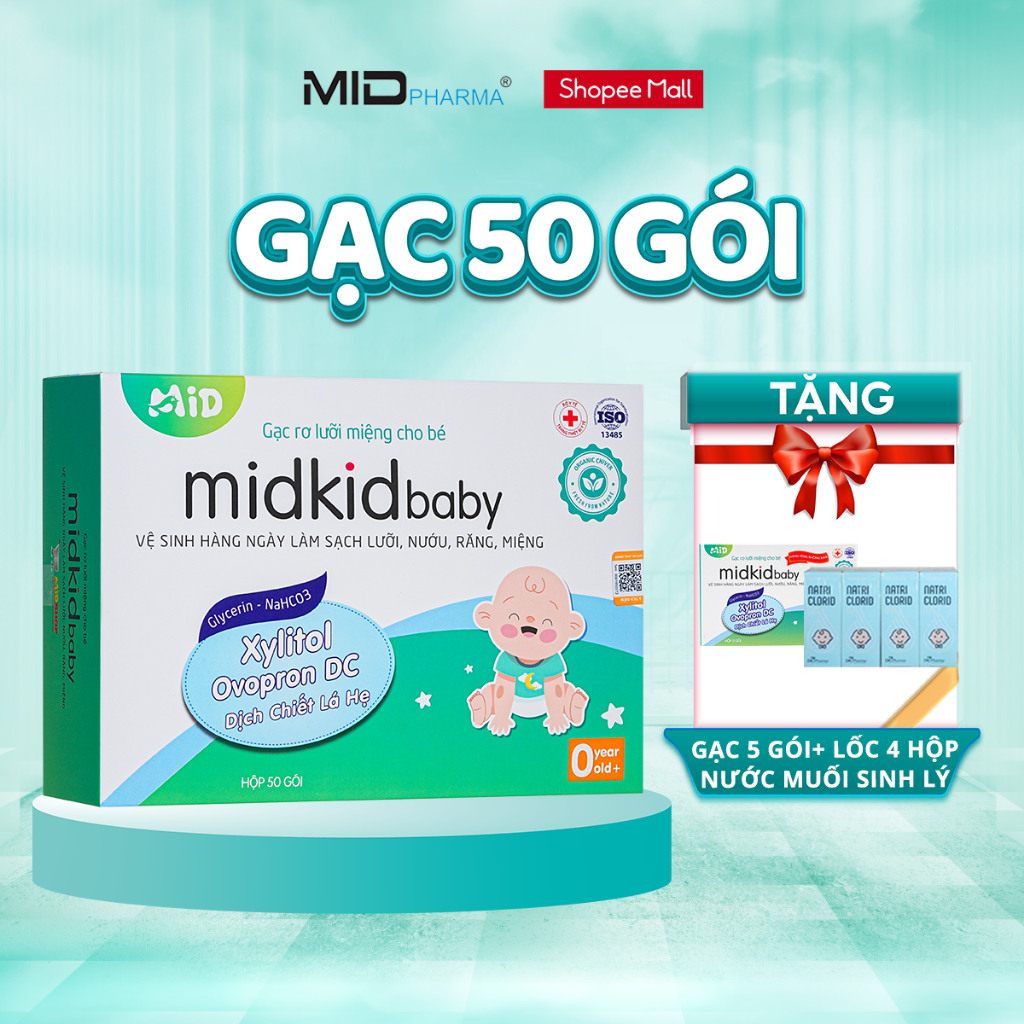 Ảnh Gạc rơ lưỡi MidkidBaby hộp 50 gói ướt cho bé sơ sinh - Tặng hộp gạc 5 gói + Lốc 4 hộp nước muối sinh lý 1
