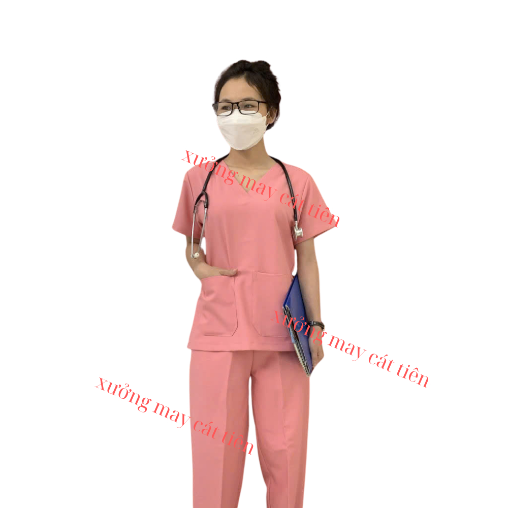 Bộ Scrubs Vbác sĩ spa vải Cotton lạnh hàn cao cấp Cổ Tim Màu Hồng, Mềm mại, Thấm Hút Mồ Hôi, Co Giãn