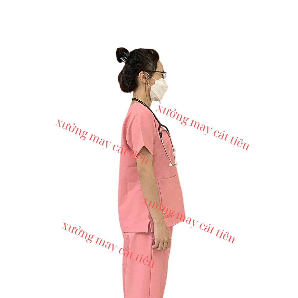 Bộ Scrubs Vbác sĩ spa vải Cotton lạnh hàn cao cấp Cổ Tim Màu Hồng, Mềm mại, Thấm Hút Mồ Hôi, Co Giãn