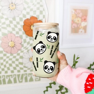 Cốc Thủy Tinh Gấu Trúc 500ml, Ly Thủy Tinh Nắp Tre 16Oz Chịu Nhiệt Kèm Phụ Kiện, Quà Tặng Sinh Nhật