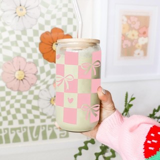 Cốc Thủy Tinh Nơ Caro 500ml, Ly Thủy Tinh Nắp Tre 16Oz Chịu Nhiệt Kèm Phụ Kiện, Quà Tặng Sinh Nhật