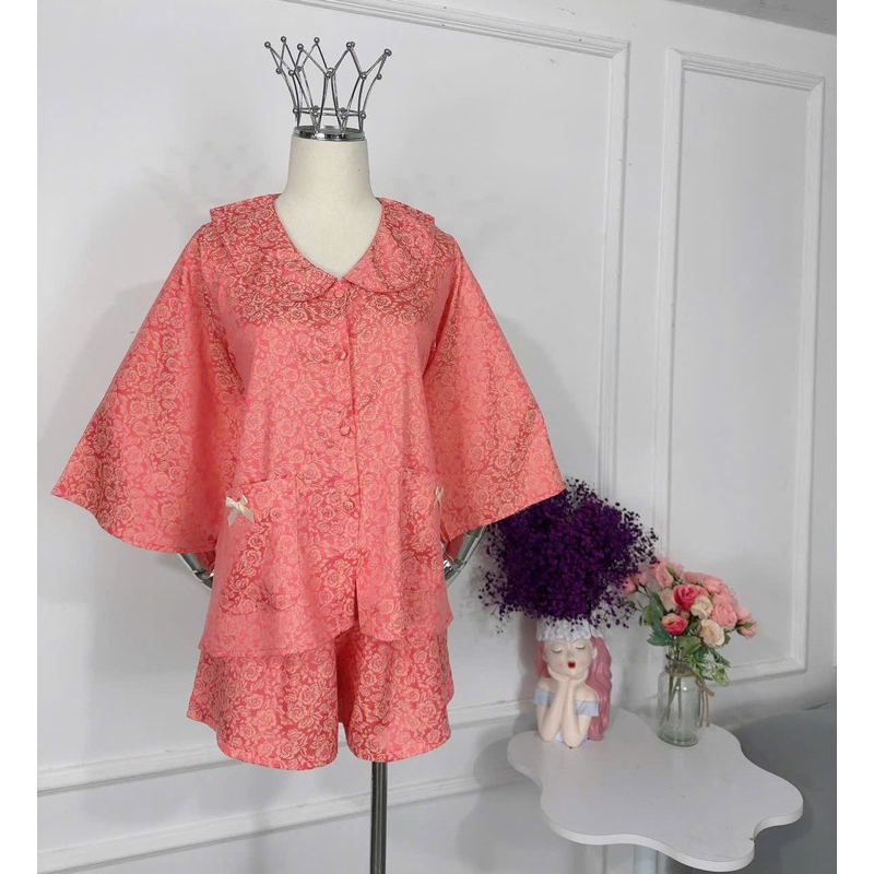40-65kg Bộ pijama GẤM mặc nhà nữ tay loe quần đùi tiểu thư mịn mát quần xoè Women