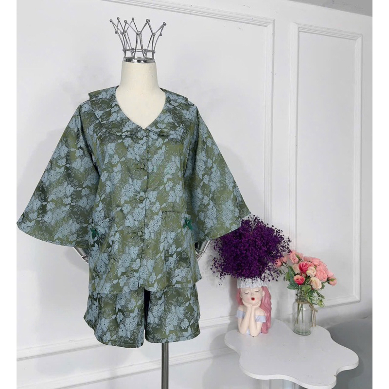 40-65kg Bộ pijama GẤM mặc nhà nữ tay loe quần đùi tiểu thư mịn mát quần xoè Women