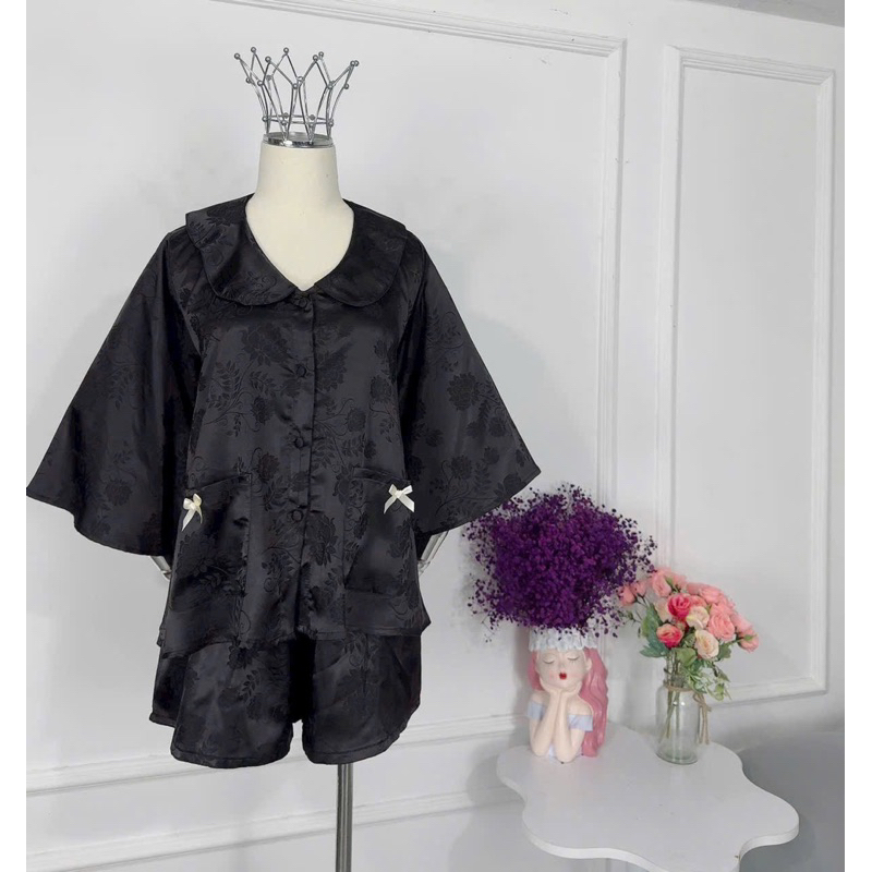 40-65kg Bộ pijama GẤM mặc nhà nữ tay loe quần đùi tiểu thư mịn mát quần xoè Women
