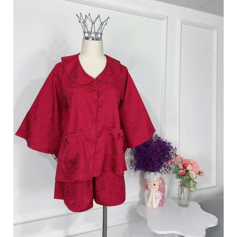 40-65kg Bộ pijama GẤM mặc nhà nữ tay loe quần đùi tiểu thư mịn mát quần xoè Women
