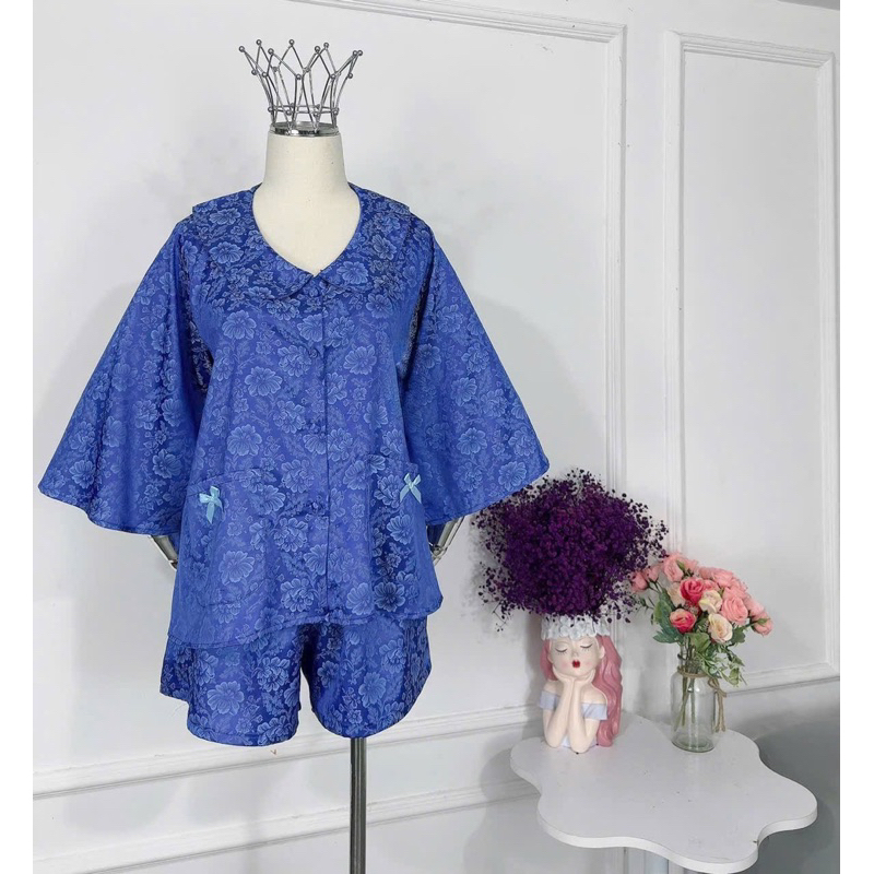 40-65kg Bộ pijama GẤM mặc nhà nữ tay loe quần đùi tiểu thư mịn mát quần xoè Women