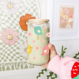 Cốc Thủy Tinh Chim Cute 500ml, Ly Thủy Tinh Nắp Tre 16Oz Chịu Nhiệt Kèm Phụ Kiện, Quà Tặng Sinh Nhật