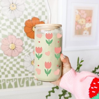 Cốc Thủy Tinh Hoa Tulip 500ml, Ly Thủy Tinh Nắp Tre 16Oz Chịu Nhiệt Kèm Phụ Kiện, Quà Tặng Sinh Nhật