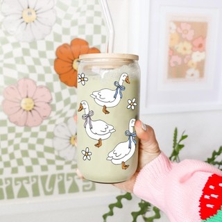 Cốc Thủy Tinh Vịt Trắng 500ml, Ly Thủy Tinh Nắp Tre 16Oz Chịu Nhiệt Kèm Phụ Kiện, Quà Tặng Sinh Nhật