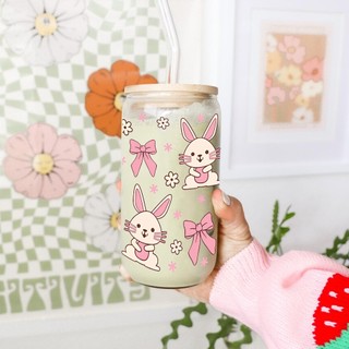 Cốc Thủy Tinh Thỏ Hồng 500ml, Ly Thủy Tinh Nắp Tre 16Oz Chịu Nhiệt Kèm Phụ Kiện, Quà Tặng Sinh Nhật