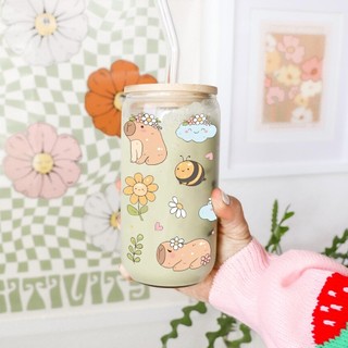 Cốc Thủy Tinh Capybara 500ml, Ly Thủy Tinh Nắp Tre 16Oz Chịu Nhiệt Kèm Phụ Kiện, Quà Tặng Sinh Nhật