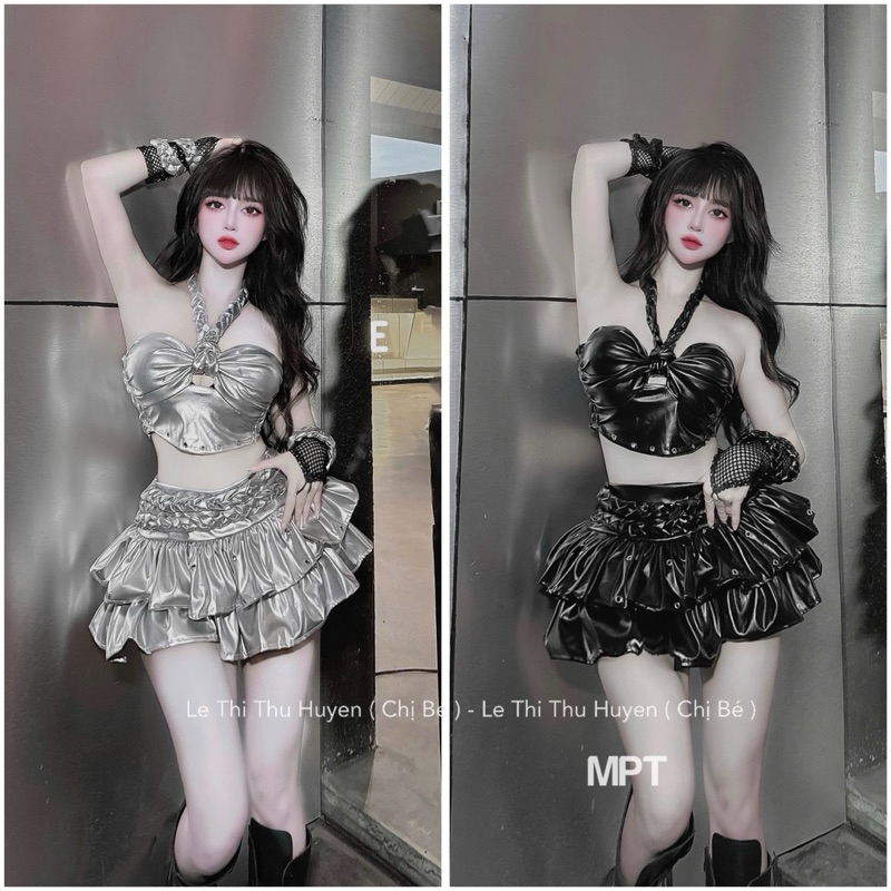 Set váy da cổ yếm xoè xinh kèm găng tay rời sexy mlem
