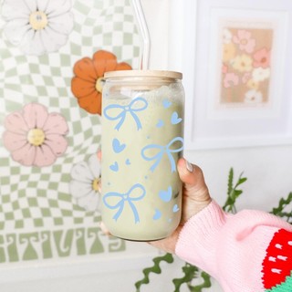 Cốc Thủy Tinh Nơ Xanh 500ml, Ly Thủy Tinh 16Oz Nắp Tre Chịu Nhiệt Kèm Phụ Kiện, Quà Tặng Sinh Nhật
