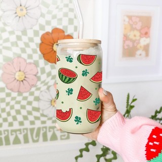 Cốc Thủy Tinh Dưa Hấu 500ml, Ly Thủy Tinh Nắp Tre 16Oz Chịu Nhiệt Kèm Phụ Kiện, Quà Tặng Sinh Nhật