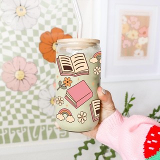 Cốc Thủy Tinh Book Lover 500ml, Ly Thủy Tinh Nắp Tre 16Oz Chịu Nhiệt Kèm Phụ Kiện, Quà Tặng Sinh Nhật