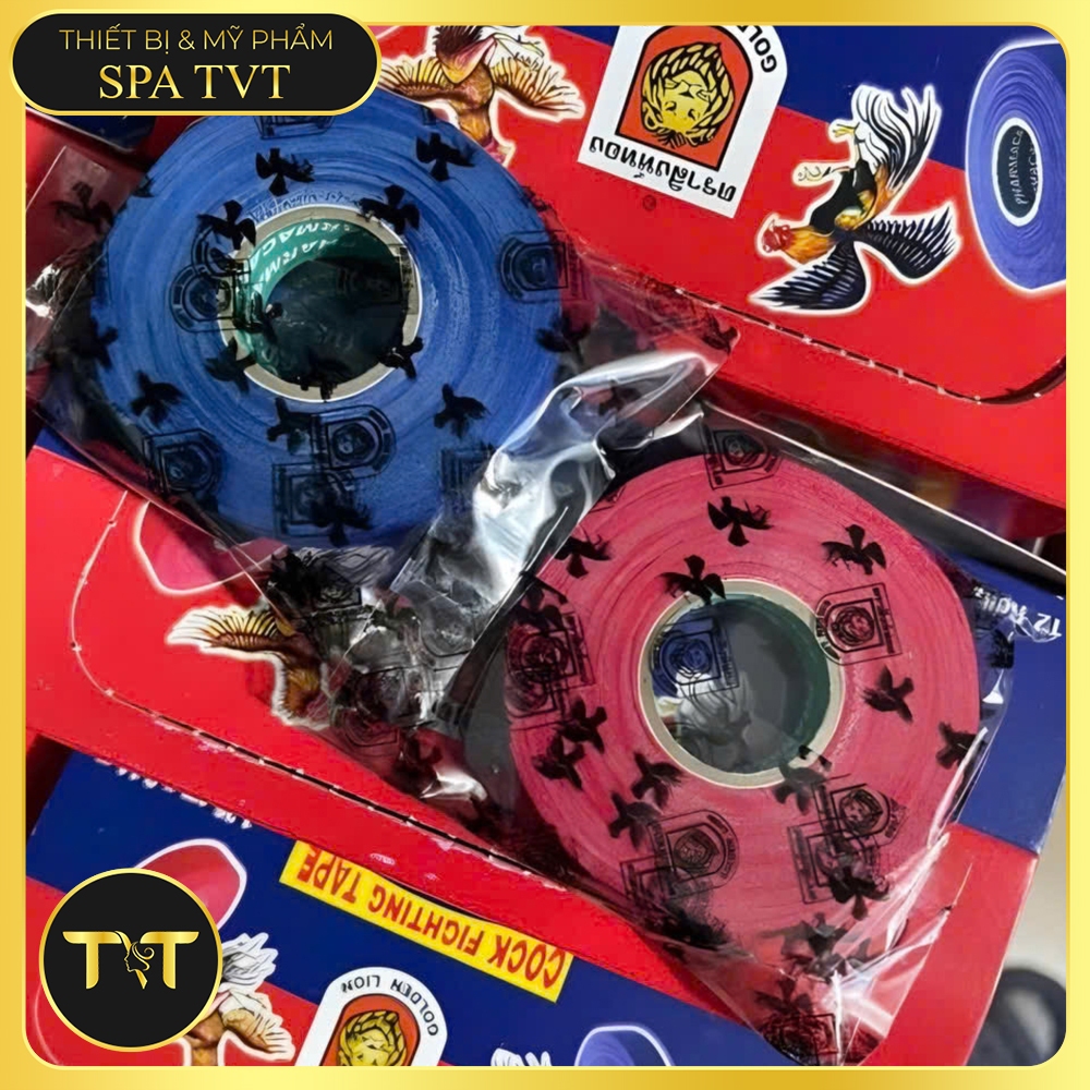 BĂNG DÍNH THÁI LION CUỐN CỰA GÀ, TẾT MỎ GÀ HỘP 12 CUỘN, 6 ĐỎ 6 XANH, ĐỘ BÁM DÍNH TỐT