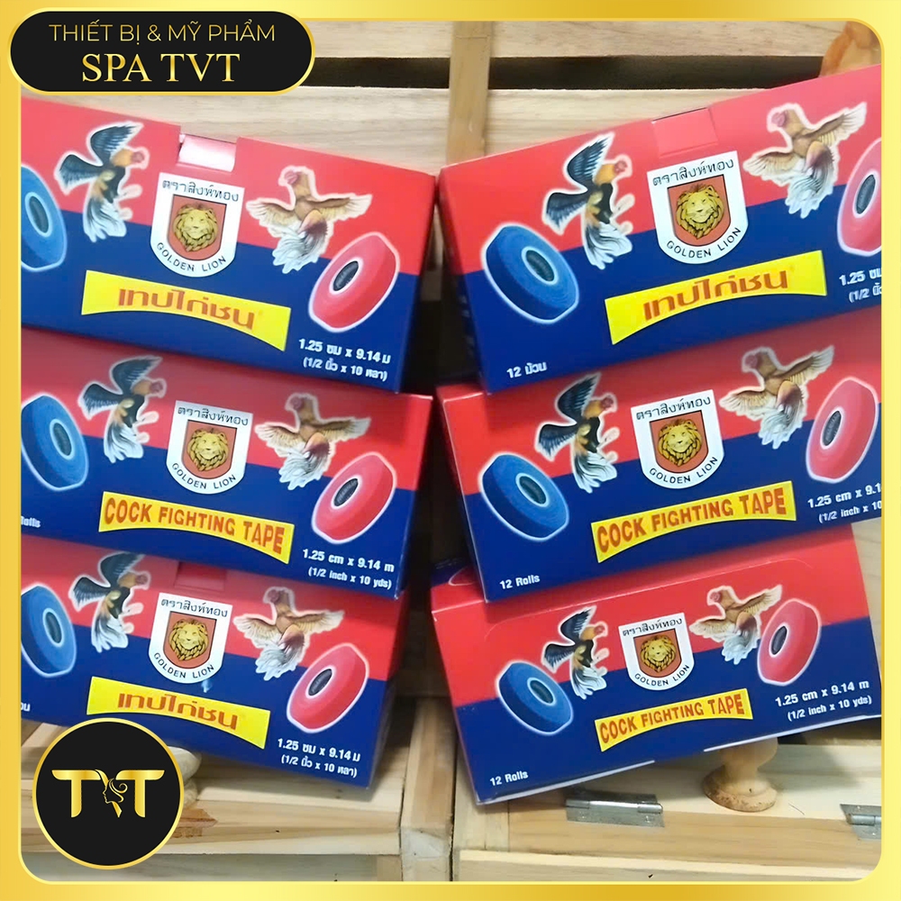 BĂNG DÍNH THÁI LION CUỐN CỰA GÀ, TẾT MỎ GÀ HỘP 12 CUỘN, 6 ĐỎ 6 XANH, ĐỘ BÁM DÍNH TỐT
