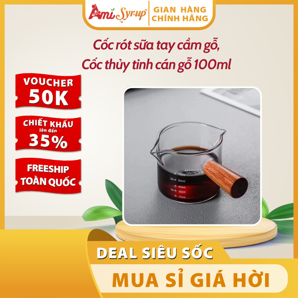 Cốc Rót Sữa/ Cà Phê/Matcha, Tay Cầm Cán Gỗ, Cốc Thủy Tinh 75ml Có Chia Vạch - Pha Chế Chuyên Nghiệp