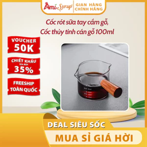 Cốc Rót Sữa/ Cà Phê/Matcha, Tay Cầm Cán Gỗ, Cốc Thủy Tinh 75ml Có Chia Vạch - Pha Chế Chuyên Nghiệp