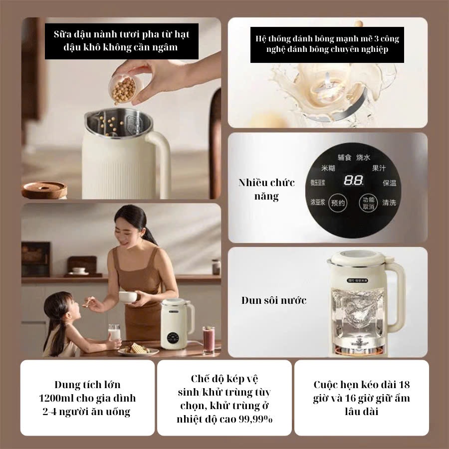 Máy Làm Sữa Hạt  8 Chức Năng, Máy Nấu Sữa Hạt Dung Tích 1.2L Điều Khiển Cảm Ứng Sử Dụng，Inox 304