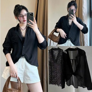 Áo Sơ Mi Trắng Đũi Mềm Kèm Lót Ren Sang Chảnh 247store Set 2 Chi Tiết Cao Cấp