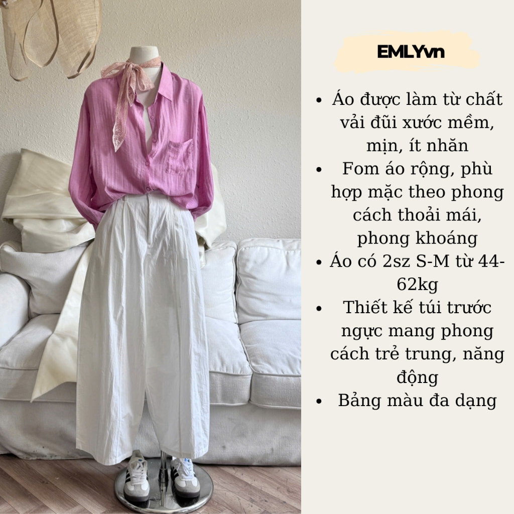EMLY - Áo Sơ Mi Kiểu Nữ Vải Đũi Xước Mềm Mịn Ít Nhăn Fom Rộng, Áo Sơ Mi Đũi Nữ Màu Pastel Hàn Quốc