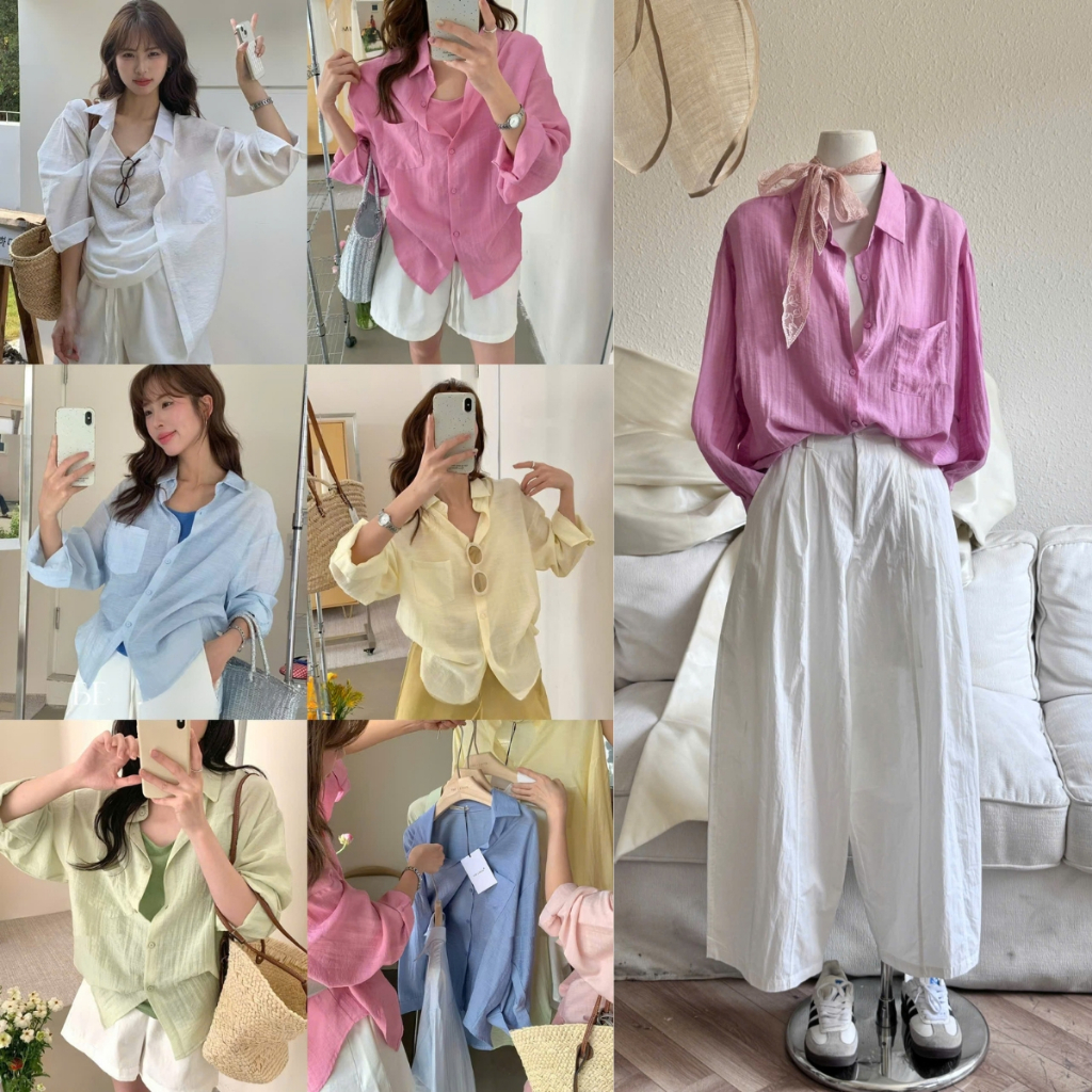 EMLY - Áo Sơ Mi Kiểu Nữ Vải Đũi Xước Mềm Mịn Ít Nhăn Fom Rộng, Áo Sơ Mi Đũi Nữ Màu Pastel Hàn Quốc