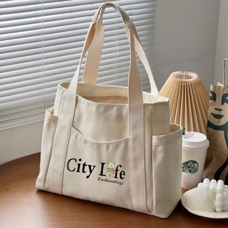 Túi Tote Có Khóa IN THEO YÊU CẦU - vải canvas kéo khóa đa chức năng túi xách vải có túi phụ (khách gửi hình in yêu cầu)