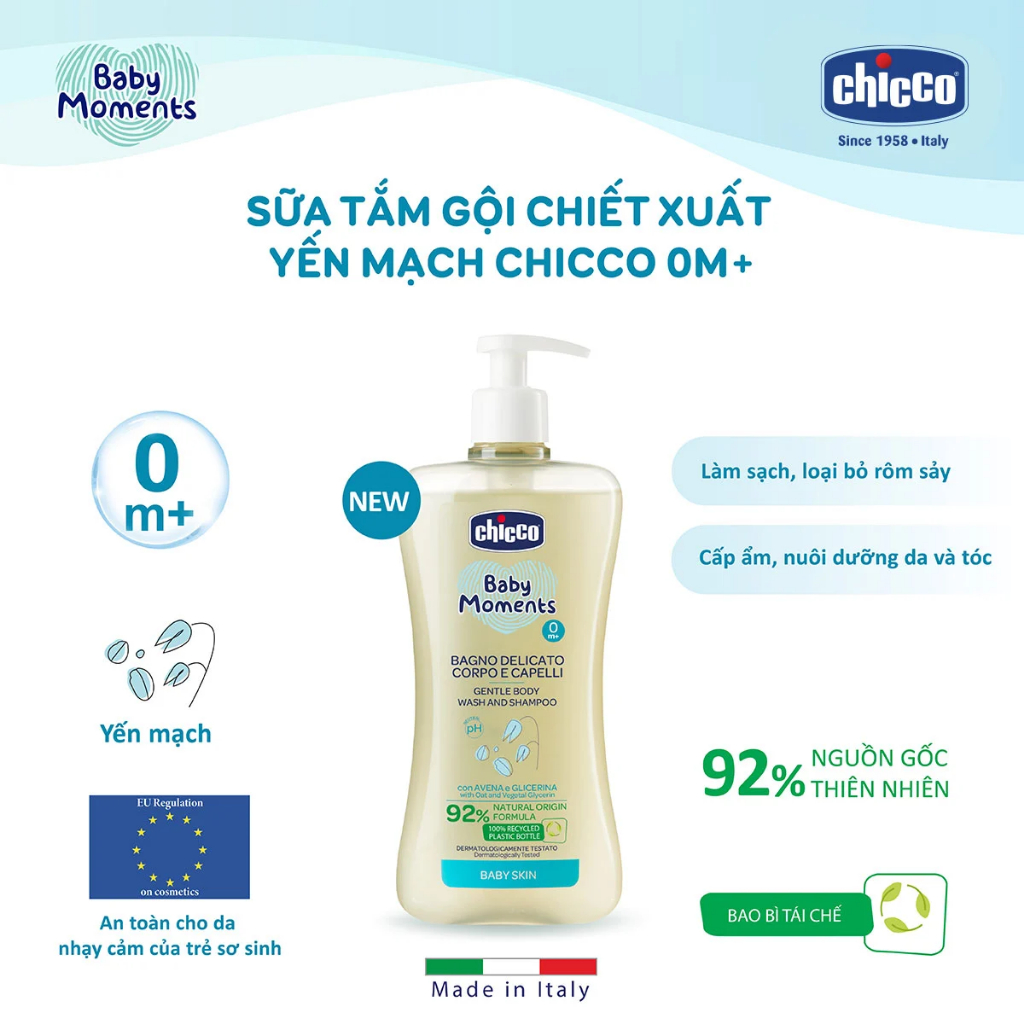 Sữa Tắm Gội Chicco Yến Mạch 200ml/500ml Cho Bé – Dịu Nhẹ, Dưỡng Ẩm, Không Cay Mắt 👶🌾 – Nhập Khẩu Từ Ý SSĐT