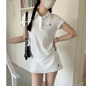 Set bộ nữ thêu hình, áo thun polo nữ mix cùng chân váy ngắn chữ A phong cách thể thao Đại Lục