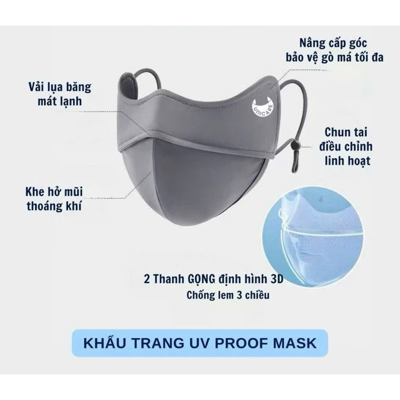 Khẩu trang chống tia UV- Proof Mask UNICARE chất vải lụa mềm mịn thoáng mát chống nắng hiệu quả