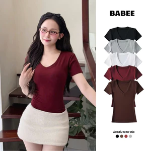 Áo Thun Nữ BABEE Tay Ngắn Trơn Cổ Tim Có Đệm Vai Siêu Hách Dáng Chất Cotton Lông Mịn Mềm Mại