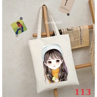 Túi tote túi vải canvas Hàn Quốc hoạ tiết cô gái đựng vừa A4 laptop đi chơi đi học đeo vai phong cách thời trang tota094