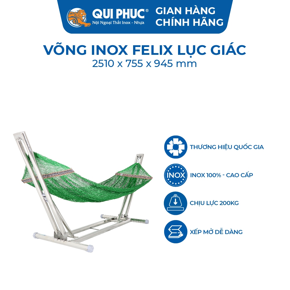 Võng nằm cao cấp Felix lục giác QUI PHÚC, khung inox chắc chắn, an toàn, tiện lợi, chịu tải 150kg